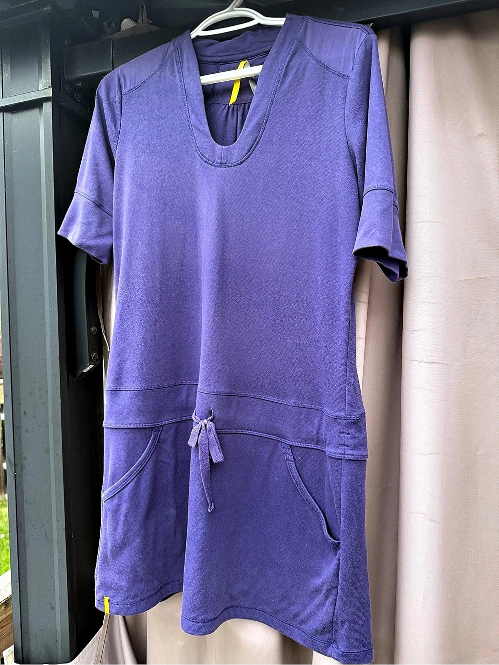 Purple Cotton Blend Drawstring Waist Pocket Midi Dress Tunic